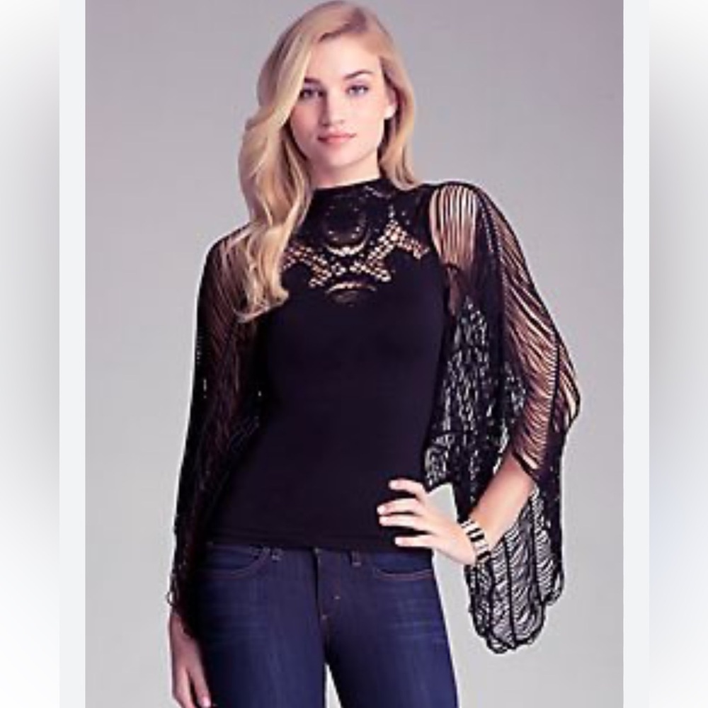bebe Black Goth Slash Sleeve Top Crocheted Mesh Detail Whimsigoth Punk Sz S